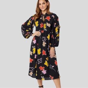 Ted Baker Yviee Black Chuck Midi Dress Ruffles Floral Boho Size 1 Long Sleeve